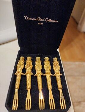 Janis Collection RARE VINTAGE Mid-Century 24k Gold Plated Owl Cocktail Forks